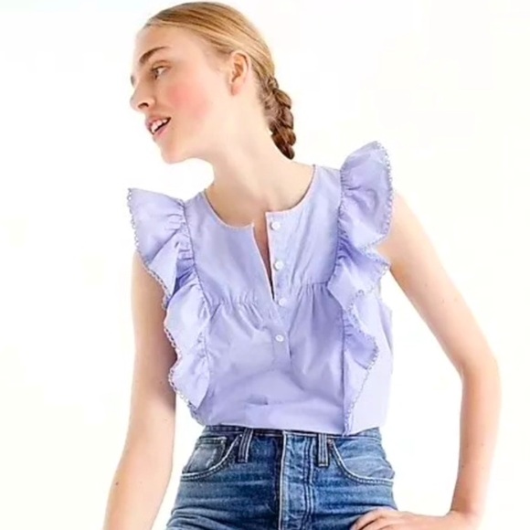 J.Crew Blue Eyelet Ruffle Sleeve Top Size 6 cotton - Picture 1 of 7